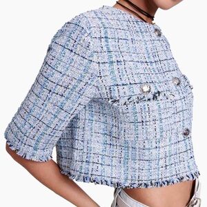 NEW Maje Tweed Jacket Sz 38 Silver Metallic Thread Blue